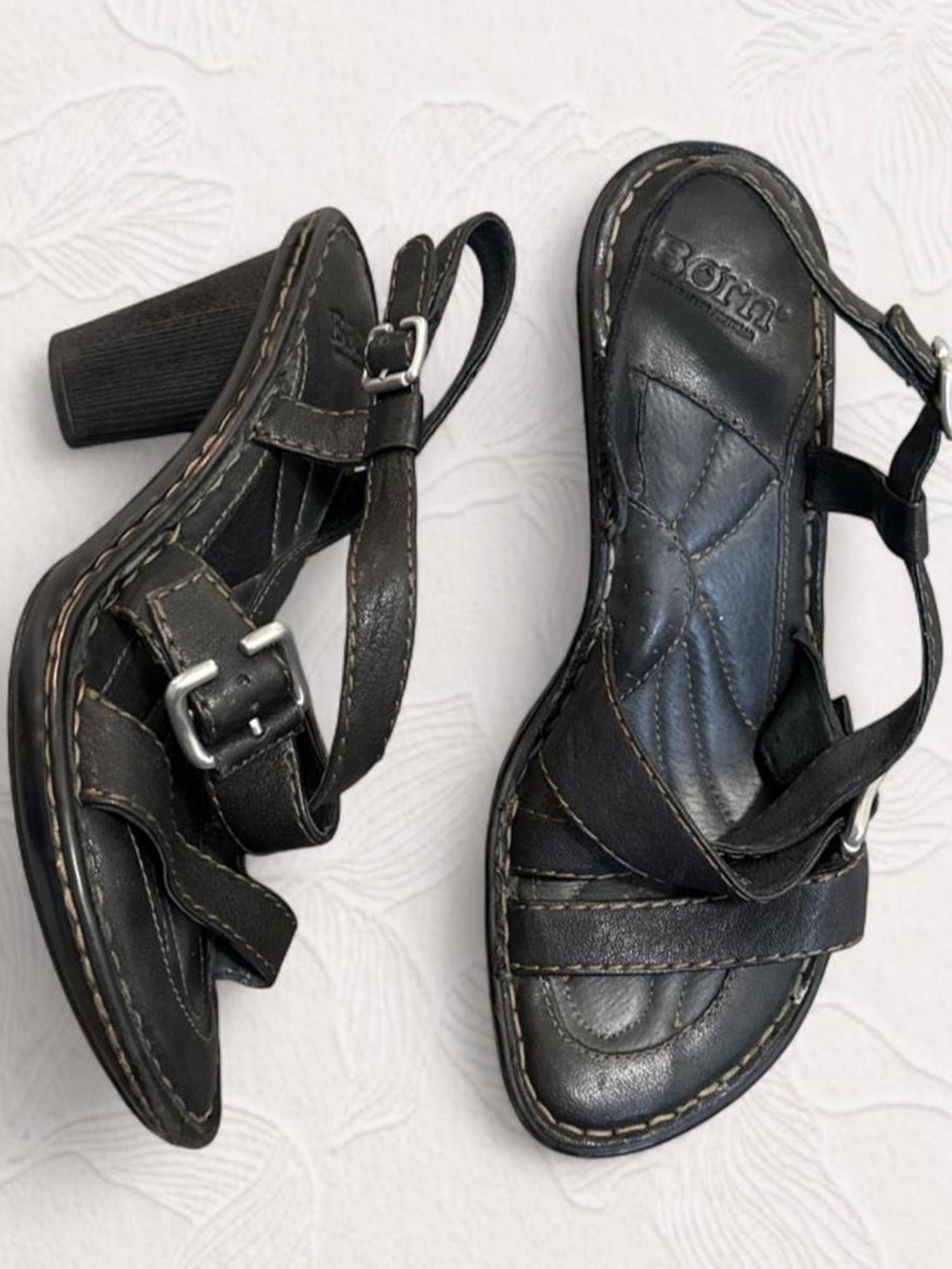 Born Strappy Leather Heeled Sandals with Silver Buckle Indie Boho Retro